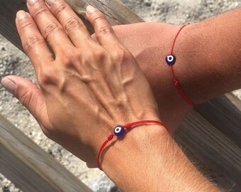 Adjustable Red Thread Bracelet with Two Evil Eye Beads for Lover or Friend