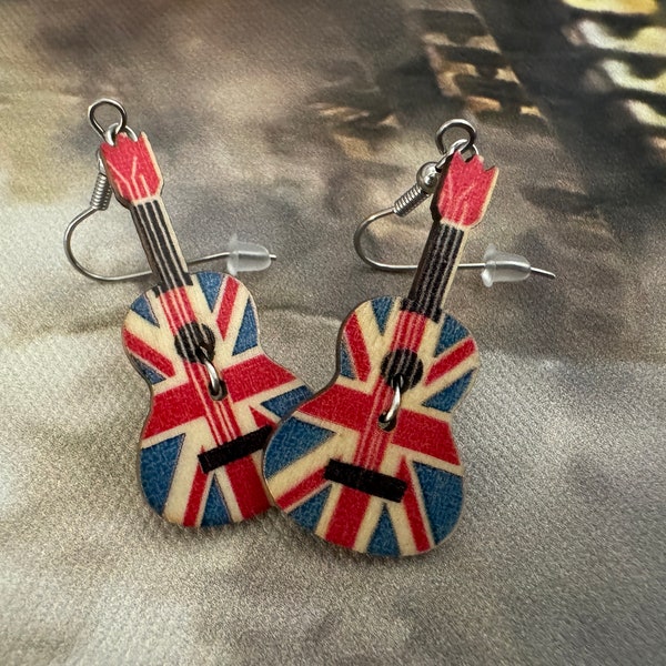 Wooden British Flag Guitar Earrings