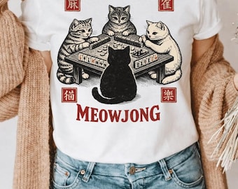 Meowjong shirt, cats playing Mahjong outfit, vintage Chinese tile game gift, Mah Jong player present, cat mom tee