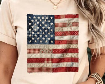 4th of July Shirt, Retro American Flag Shirt, Faux Patchwork USA Shirt, Patriotic Shirt, Fourth of July Shirt, USA Flag Tee
