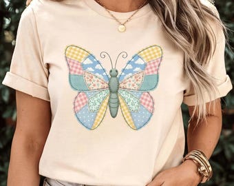 Easter Faux Patchwork Butterfly T-Shirt, Spring Girl Fabric Patchwork Butterfly Gift, Cute Spring Sewing Style Graphic Tee