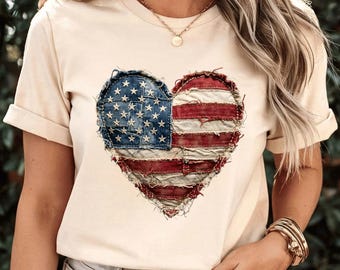 USA Faux Patchwork Heart T-Shirt, Patriotic Patchwork Flag Shirt, 4th of July Patchwork Flag Shirt Gift, Americana Independence Day Tee