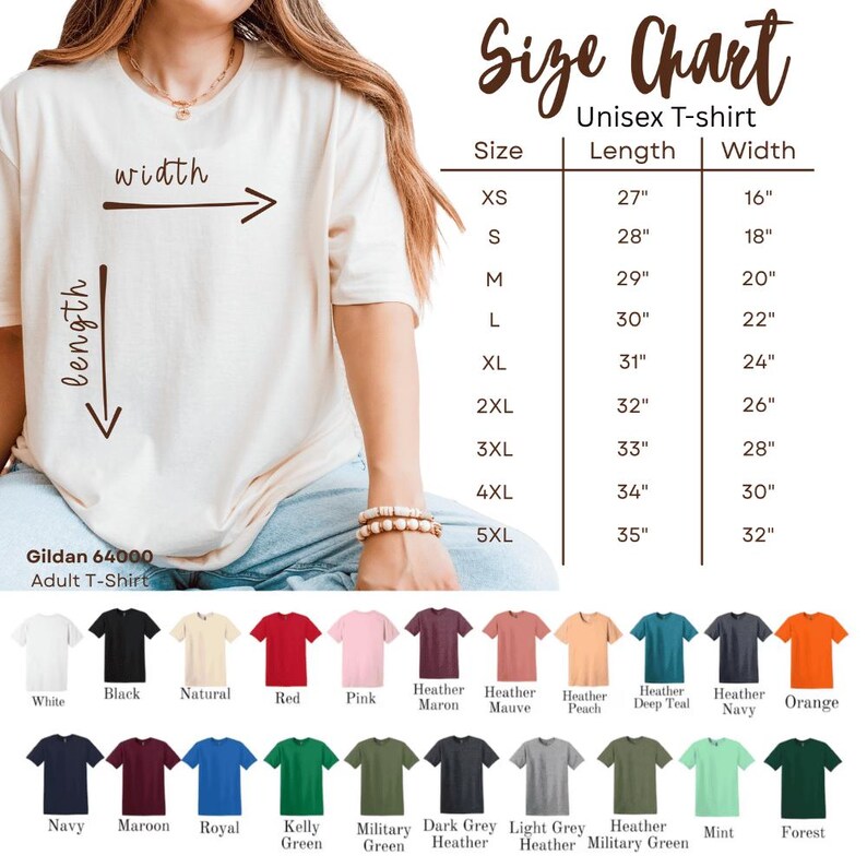 May include: A cream-colored Gildan 64000 Adult T-shirt with a size chart. The chart lists sizes XS to 5XL, with length and width measurements in inches. Various shirt colors are displayed below the chart, including white, black, and red.