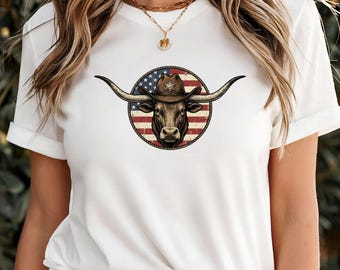 Patriotic Cowboy Bull American Flag Western Vintage T-Shirt, Patriotic Cowboy Gift, Western Bull Rider Graphic Tee
