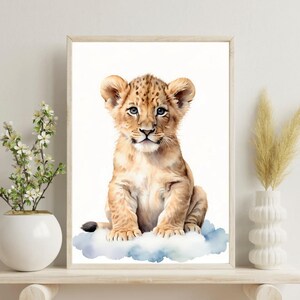 Watercolor Baby Lion Nursery Wall Art Printable | Jungle Safari Animal Baby Room Decor | Neutral Pastel Baby Shower Gift | Digital Download
