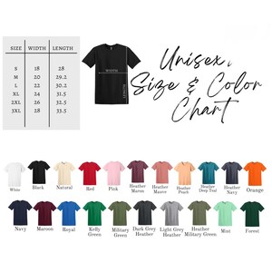 K&ouml;nnte beinhalten: Ein schwarzes T-Shirt mit Gr&ouml;&szlig;entabelle und Farbauswahl. Die Tabelle zeigt die Gr&ouml;&szlig;en S bis 3XL mit Breiten- und L&auml;ngenma&szlig;en in Zentimetern. Farboptionen sind Wei&szlig;, Schwarz, Natur, Rot, Pink und verschiedene Heather-T&ouml;ne.