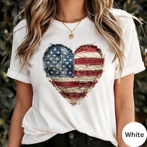 Camiseta con corazón de patchwork falso de EE. UU., camiseta con bandera patriótica de patchwork, regalo de camiseta con bandera de patchwork del 4 de julio, camiseta del Día de la Independencia Americana