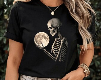 Moonlight Skeleton Holding Full Moon Gothic Aesthetic Art T-Shirt, Dark Gothic Art Lover Gift, Moonlight Skeleton Graphic Tee