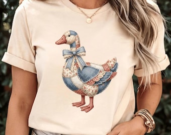 Faux Patchwork Goose T-Shirt, Grandmacore Goose Shirt, Cottagecore Goose Shirt, Retro Floral Duck Graphic Tee, Easter Spring Farmcore Shirt