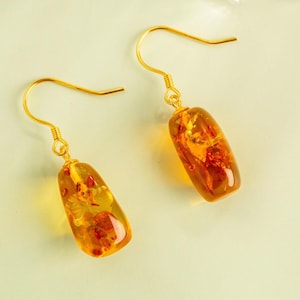 Baltic Amber Freeform Drop Earrings, 925 Sterling Silver Gold-Plated Hooks