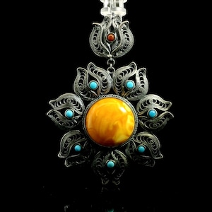 Baltic Amber & Cream Candy Silver Inlaid pendant, S925 Handmade Vintage Charm