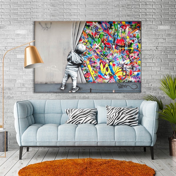 Banksy Pop Art Graffiti Canvas Print, Behind the Curtain Canvas, Banksy Poster, Banksy Art Graffiti Poster, Banksy Canvas, Banksy Street Art