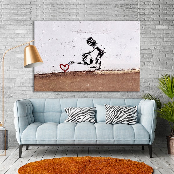 Banksy Watering Love Canvas Wall Art, Framed Banksy Canvas, Banksy Art Graffiti Poster, Banksy Canvas, Banksy Street Art Wall Decor