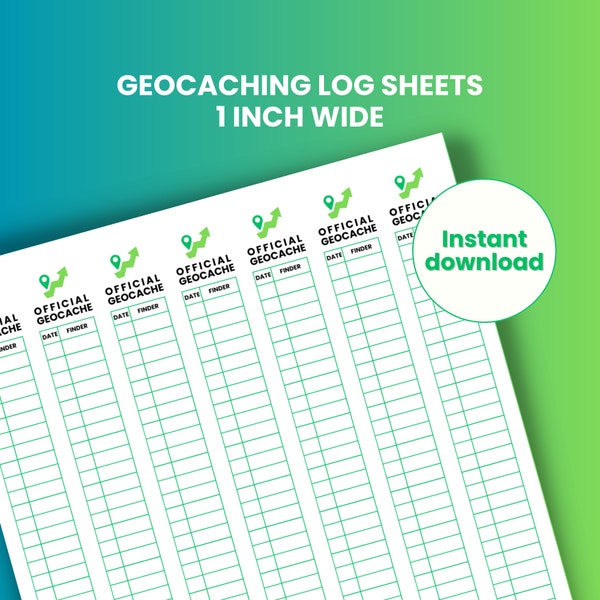 Geocaching log book, printable log, green, 1 inch wide, 7 per sheet, cache log sheet, INSTANT DOWNLOAD, FTF, range of colours available