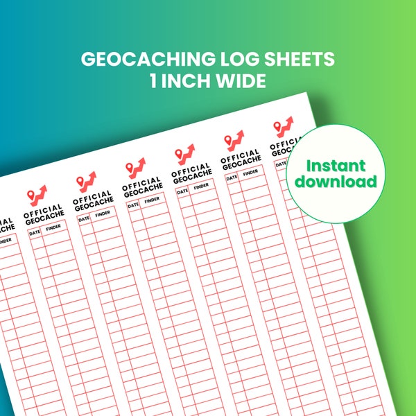 Geocaching log book, printable log, red, 1 inch wide, 7 per sheet, cache log sheet, INSTANT DOWNLOAD, FTF, range of colours available