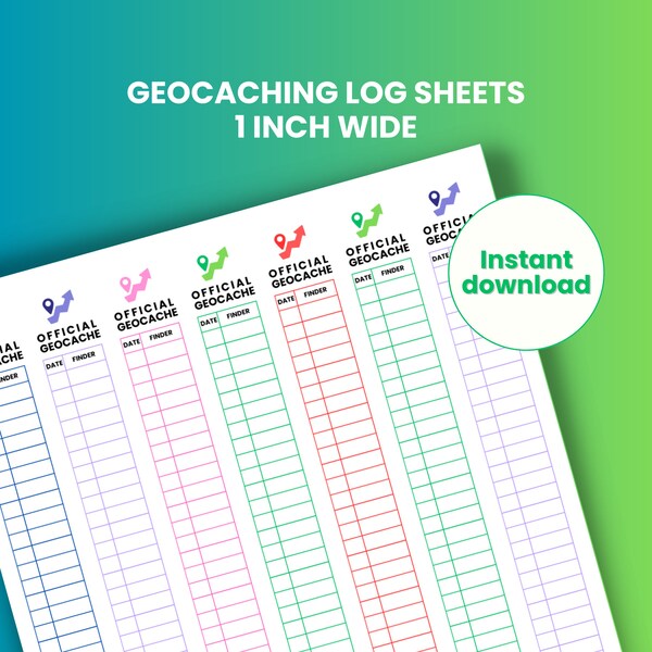 Geocaching log book, printable log, multicolor, 1 inch wide, 7 per sheet, cache log sheet, INSTANT DOWNLOAD, FTF, range of colours available