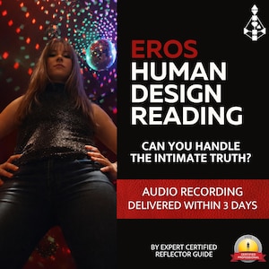 May include: The image displays the text "EROS HUMAN DESIGN READING" with the tagline "CAN YOU HANDLE THE INTIMATE TRUTH?" and "AUDIO RECORDING DELIVERED WITHIN 3 DAYS." A woman is in the foreground, with a disco ball and colorful lights in the background.