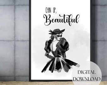 Póster con la frase "POISED Chin Up" (Mentón en alto) para pared, imprimible con cita femenina, decoración elegante y moderna, póster para mujer con estilo, lámina para dormitorio, descarga digital.