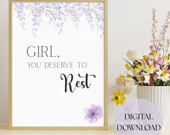 POISED Girl You Deserve To Rest (Chica elegante, te mereces descansar) - Lámina decorativa para pared, cita sobre el autocuidado (imprimible), decoración femenina para dormitorio, póster floral, descarga digital.