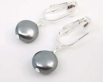 Gray Crystal Coin Pearl Clip on Earrings, Grey Flat Round Metallic Clipons, Simple Dangle Jewelry for Non Pierced Ears, Dark Moon