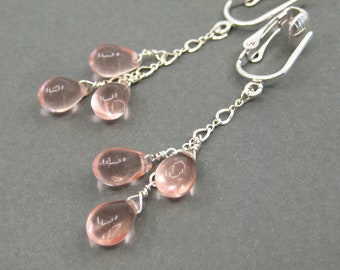 Pale Pink Clip-on Earrings, Silver Dangle Clipons, Light Pink Glass Teardrops Smooth Glass Drop Pendant Earrings, Silver Ear Clips, Handmade