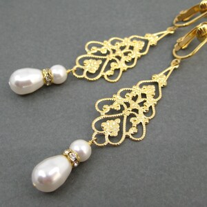 Gold Filigree Clip On Earrings: Teardrop Pearl Rhinestone Bridal Earrings, Alana