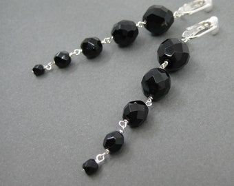 Black Dangle Clip On Earrings, Silver Dangly Clipons, Faceted Opaque Glass Jewelry for Non Pierced Ears, Midnight Ball