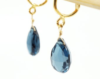 Small London Blue Topaz and Gold Clip-on Earrings, Navy Blue Teardrop Dangle Earrings for Non Pierced Ears, Nathalie Gold