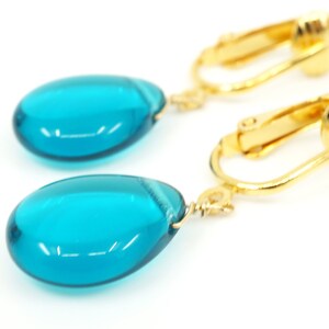 Teal Glass Clip-on Earrings: Gold-Plated Aqua Teardrop Dangles, Gloria