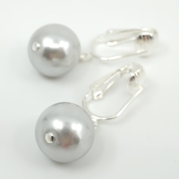 Silver Ball Clip On Earrings, Round Gray Pearl Dangle Clipons, Simple Jewelry for non Pierced Ears, Silver Ear Clips, Classic