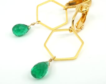 Emerald Green Teardrop Dangle Clip-on Earrings, Gold Hexagon Modern Drop Clips for Non Pierced Ears, Joelle Green