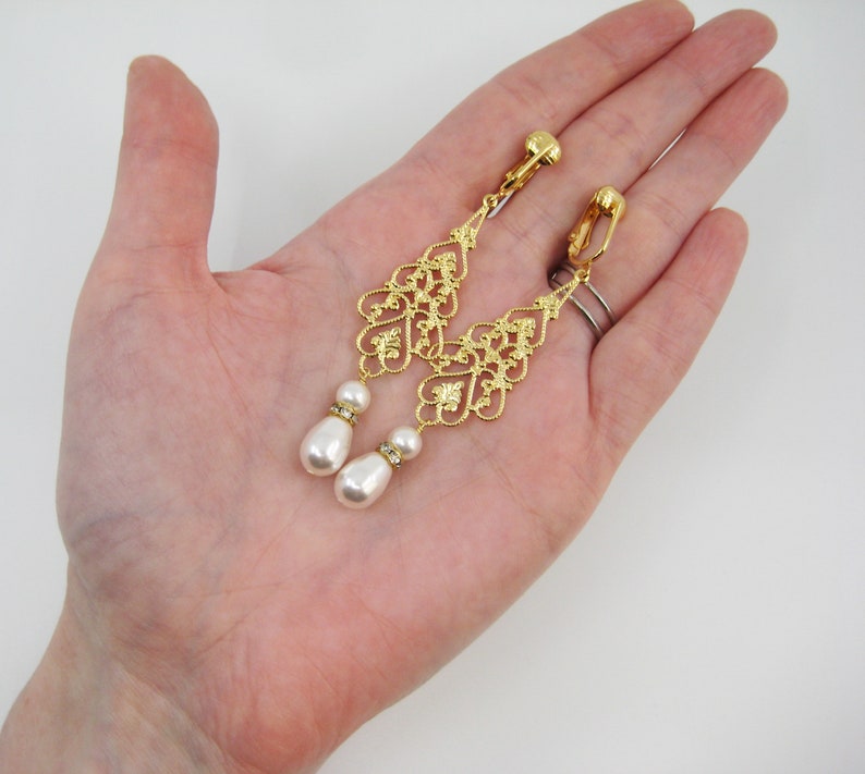 Long Dangle Gold Bridal Clip on Earrings Gold Filigree Teardrop White Crystal Pearl Rhinestone Clip Earrings For Non Pierced Ears Alana Gold