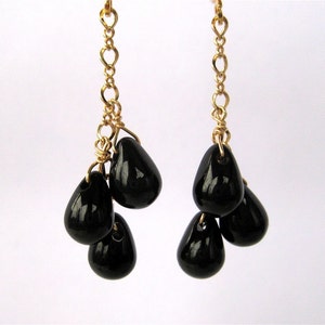 Black Teardrop Clip On Earrings, Gold Clipons, Black Glass Teardrop Cluster Ear Clips, Handmade, Livia