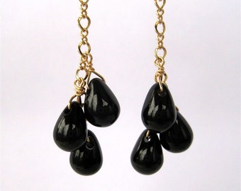 Black Teardrop Clip On Earrings, Gold Clipons, Black Glass Teardrop Cluster Ear Clips, Handmade, Livia