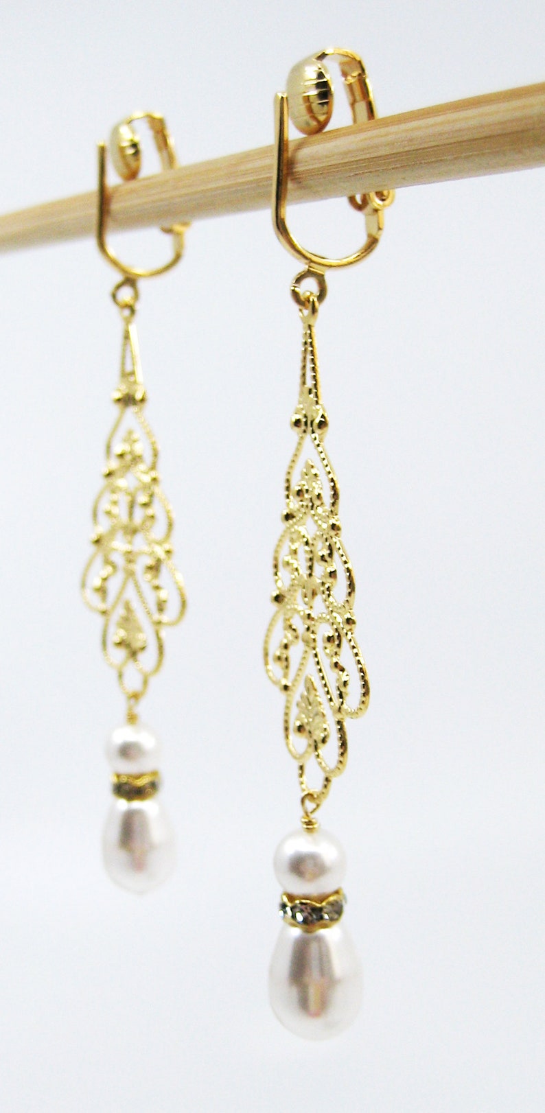Long Dangle Gold Bridal Clip on Earrings Gold Filigree Teardrop White Crystal Pearl Rhinestone Clip Earrings For Non Pierced Ears Alana Gold