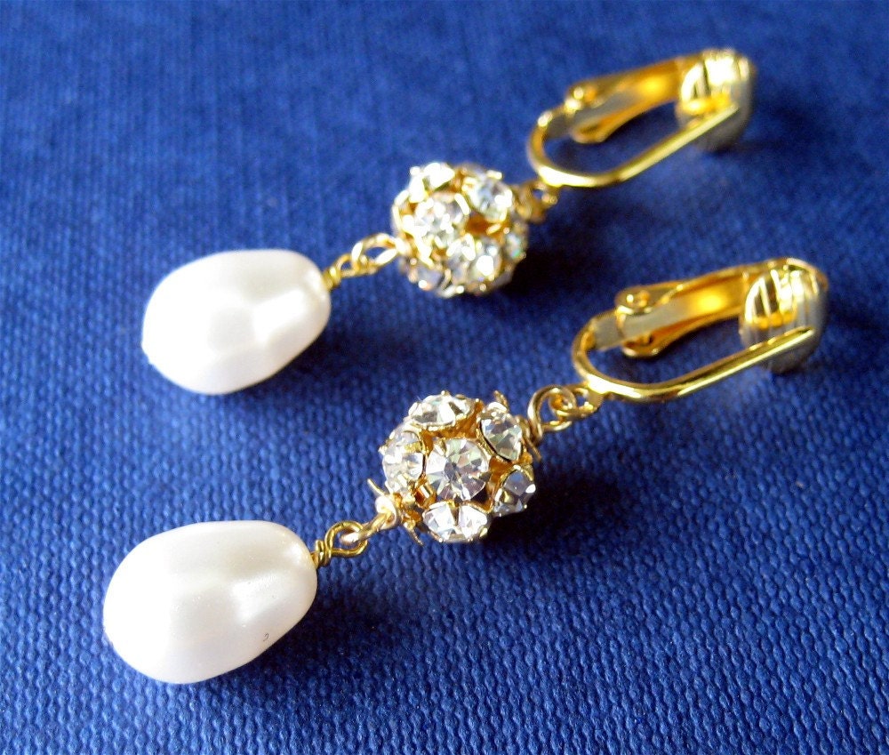 Gold Bridal Clip On Earrings White Pearl Teardrop Clipons Etsy