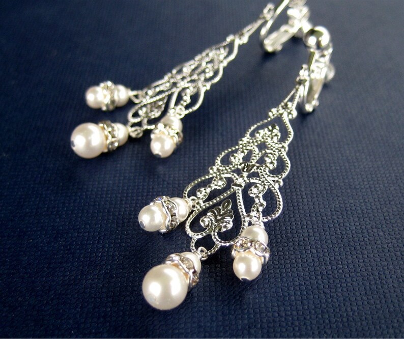 Chandelier Bridal Clip on Earrings Long Dangle Pearl Etsy