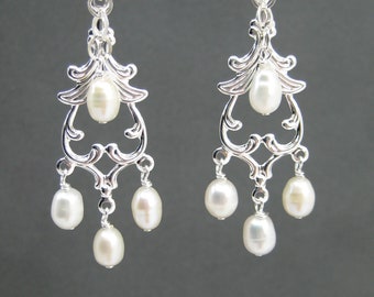 Bridal Chandelier Clipon Earrings, Silver Dangle Clip-ons, Cultured Freshwater White Pearl Wedding Earrings, Jolie Silver