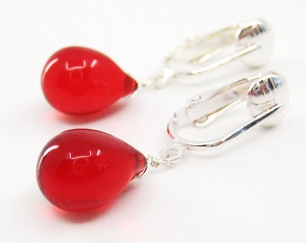 Boucles D’oreilles Clip Non Percées – Pendentif Goutte Résine Rouge Avec CZ, Neuf