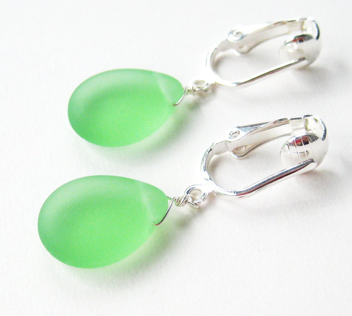 Frosted Green Teardrop Clip on Earrings Matte Light Green Etsy