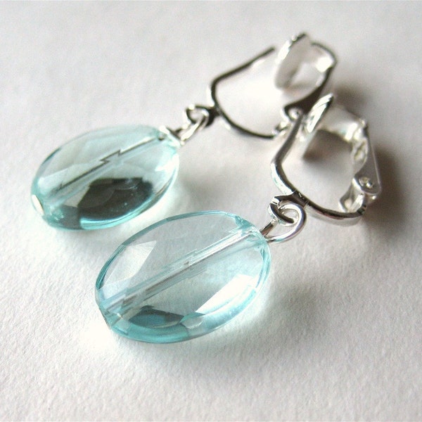 Blue Glass Silver Clip On Earrings, Light Blue Faceted Oval Earrings, Handmade, Lissa Clips