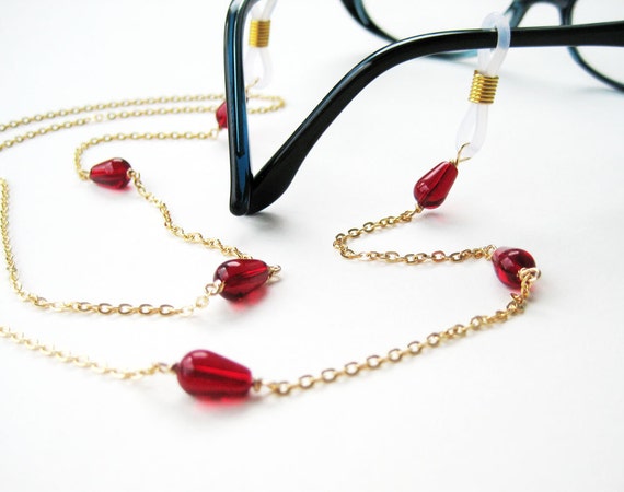 Cherry Red Teardrop Eyeglass Chain: Gold-plated Reading 