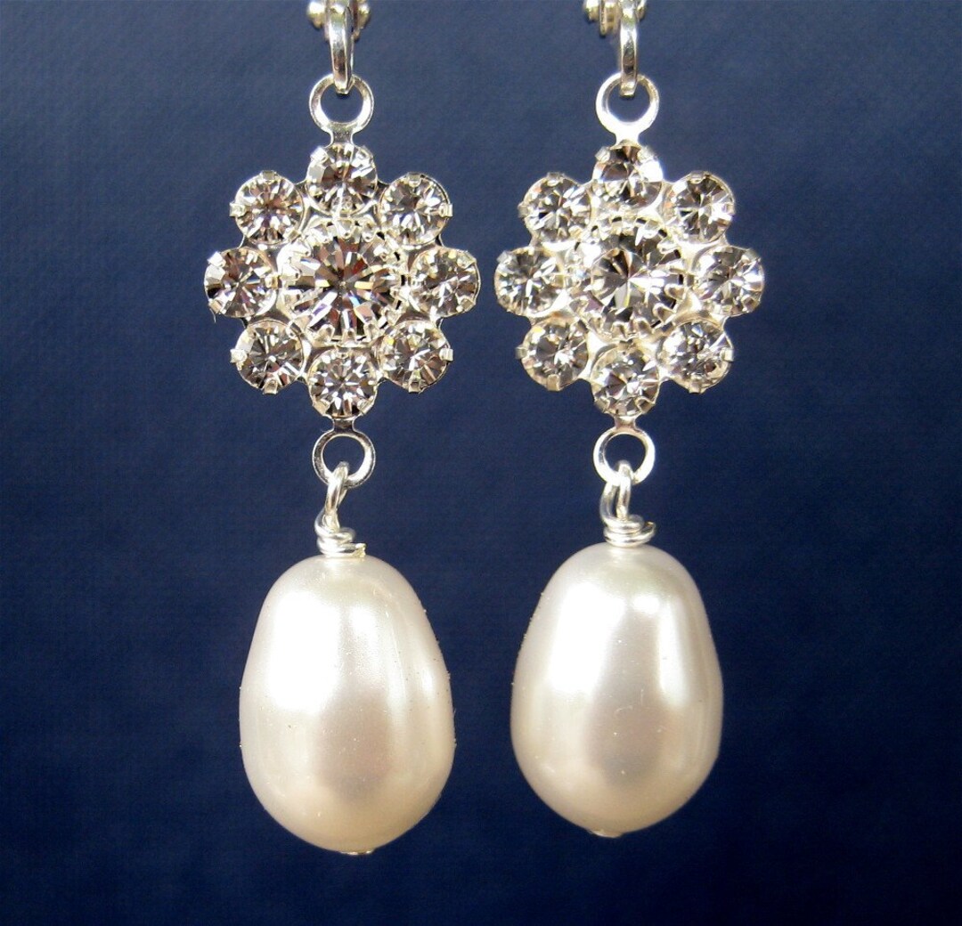 Rhinestone Flower Pearl Drop Earrings, Silver Earrings, White Pearl ...