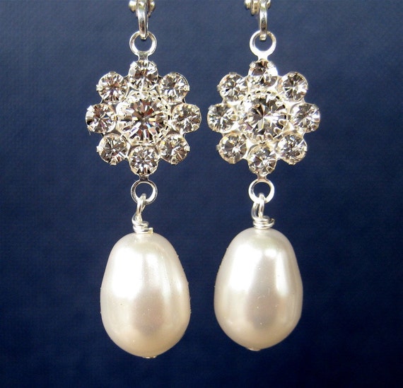 Rhinestone Flower Pearl Drop Earrings Silver Earrings White | Etsy