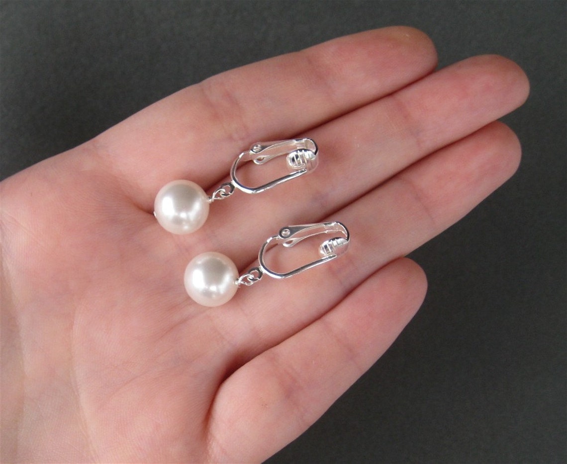 Round Pearl Clip on Earrings Silver Ear Clips White Pearl Etsy UK