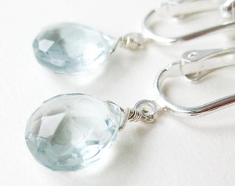 Small Pale Blue Clip On Earrings, Silver Clipons, Quartz Briolette Clip Earrings, Light Aqua Faceted Teardrop, Handmade, Morris