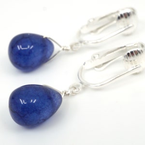 Blue Jade Teardrop Clip-on Earrings: Cobalt Gemstone, Silver-Plated, Bluebell