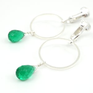 Silver Circle and Emerald Green Drop Clipon Earrings, Modern Gardener