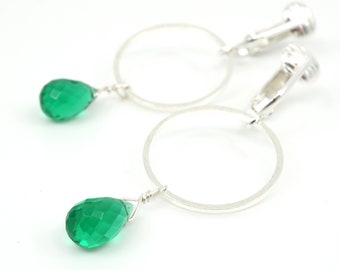 Silver Circle and Emerald Green Drop Clipon Earrings, Modern Gardener