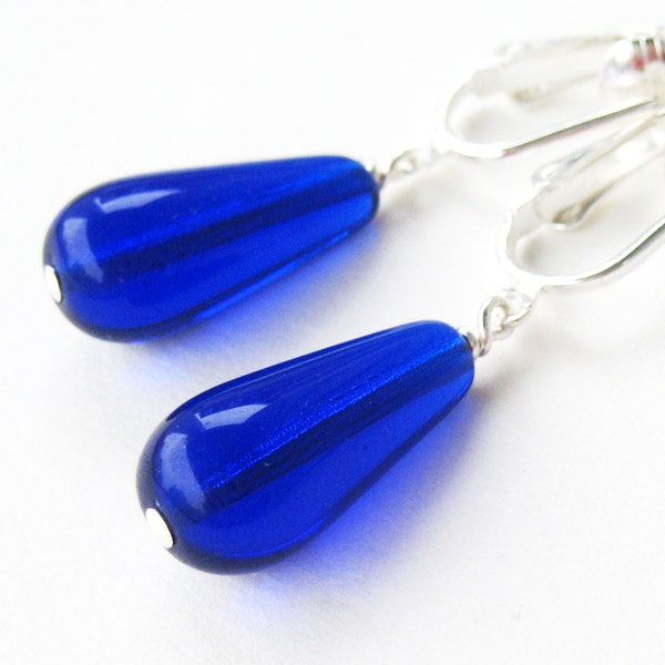 Cobal Blue Dangle Clip Earrings, Bright Navy Blue Glass Teardrop Non Pierced Earrings, Simple Ultramarine Clipons, Silver Ear Clips, Paros